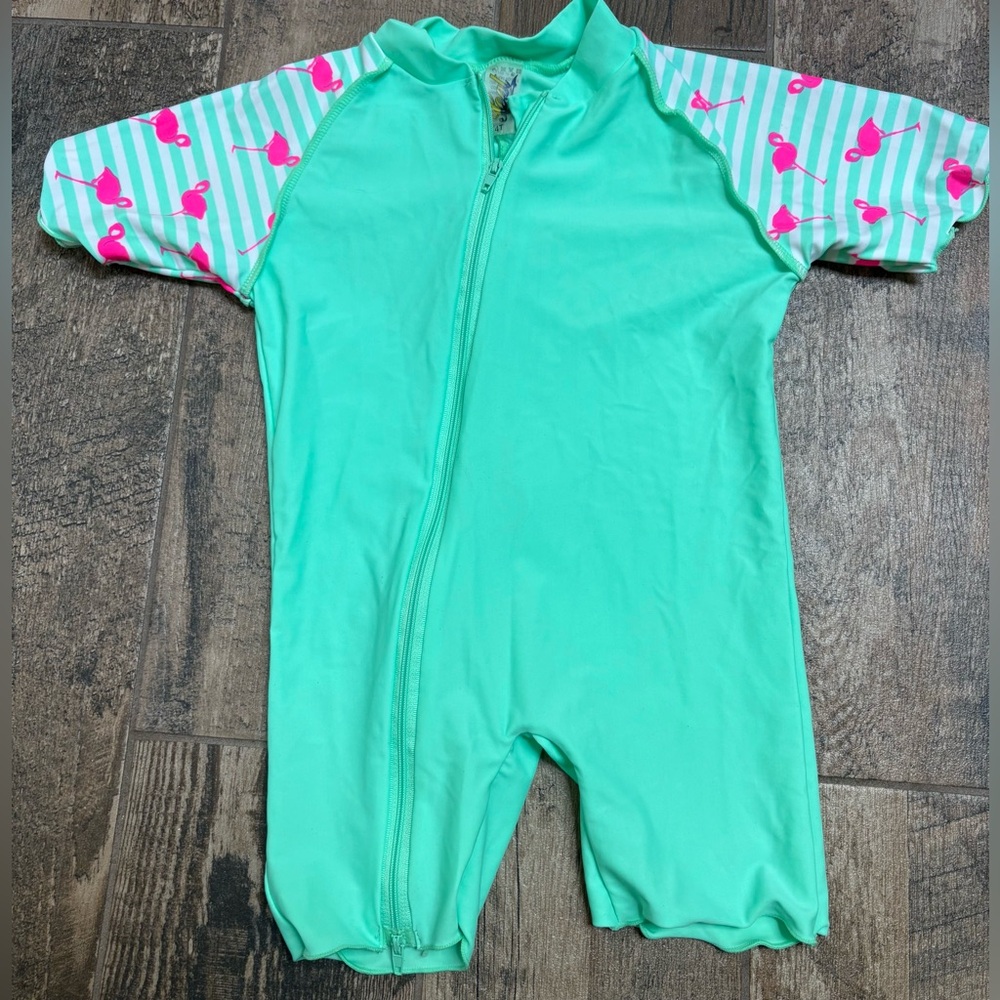 Girls Zip Up Swim Outfit. Teal with Flamingos. Size: 4T